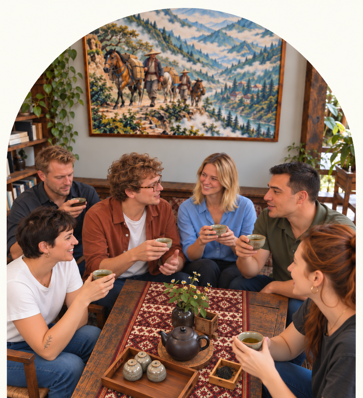 Baráti társaság teázás és beszélgetés közben, a falon a Tea és Ló Útjának festményével.